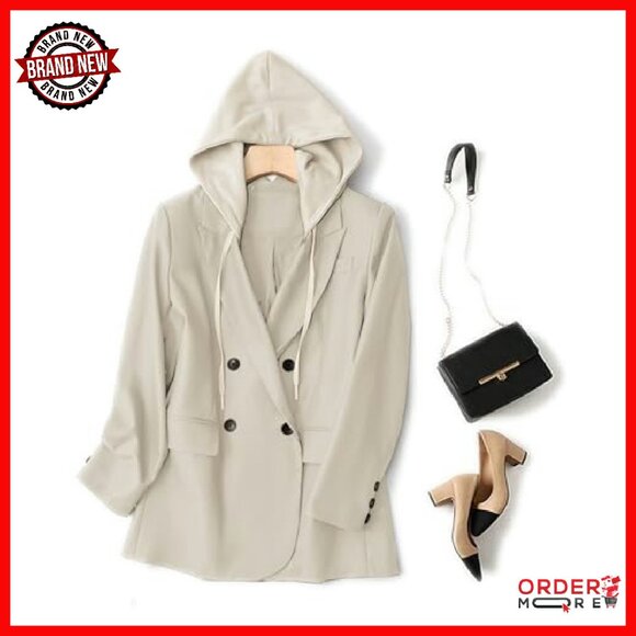 Women's Tweed Blazer Hooded Double-Breasted Oversized Work Jacket - Picture 4 of 8